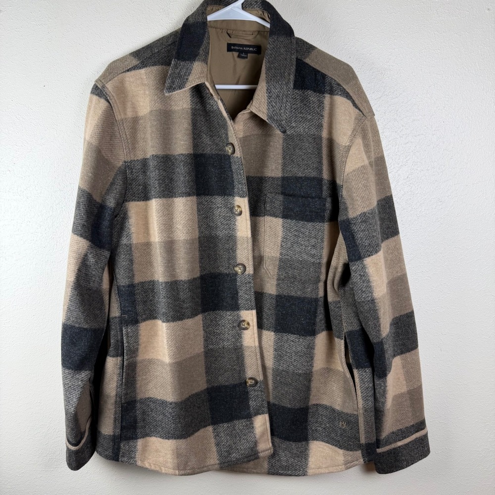 Banana Republic Mens Tan Grey Plaid‎ Lined Shirt Jacket Shacket Large
